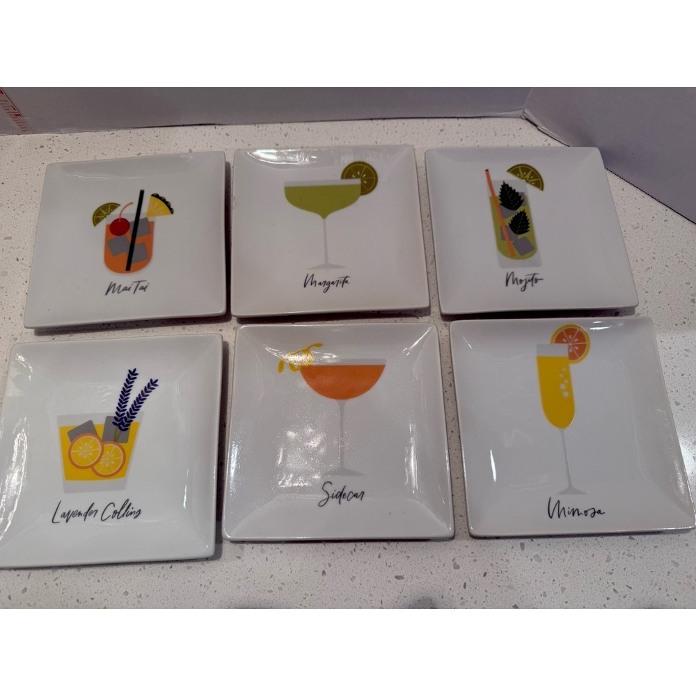 CRATE & BARREL Plates Appetizer‎ Square With Bar Drinks Set Of 6